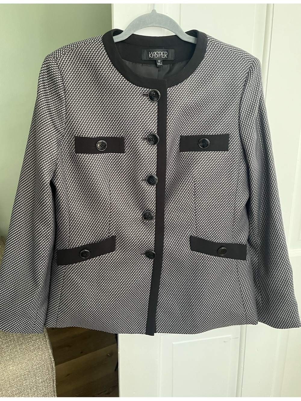 Kasper size 12 black gray blazer jacket button front lined